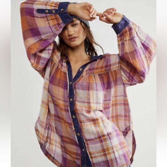 Free People Tops - FREE PEOPLE NWT Oversized Olivia Plaid 100% Cotton Flannel Button Down Top